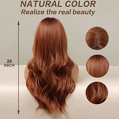 Esmee 24 Inches Long Wavy Copper Brown Wigs for Women Natural Synthetic Hair Heat Resistant Wigs with Bangs for Daily Party Cosplay Use - Image 4