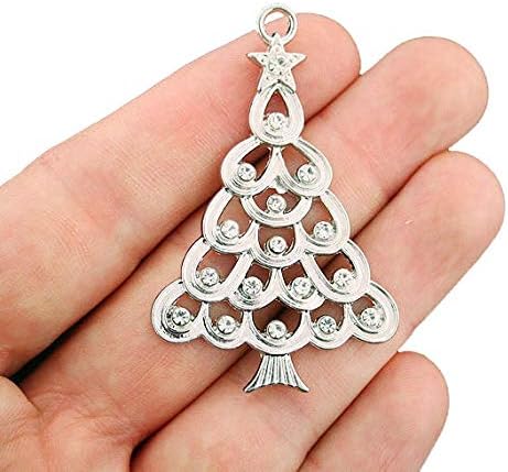 BULK 10 Christmas Tree Charms Antique Silver Tone With Inset Rhinestones So Festive - XC113