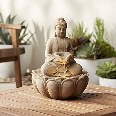Calm Buddha Zen Outdoor Water Fountain with Light LED 14" High Faux Sandstone Resin Meditation Decor for Garden Patio Yard Home Lawn Porch House Relaxation Exterior Balcony Roof - John Timberland