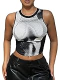 SOLY HUX Women's Y2k Graphic Print Crop Tank Top Sleeveless Round Neck Tops Black and White Print S