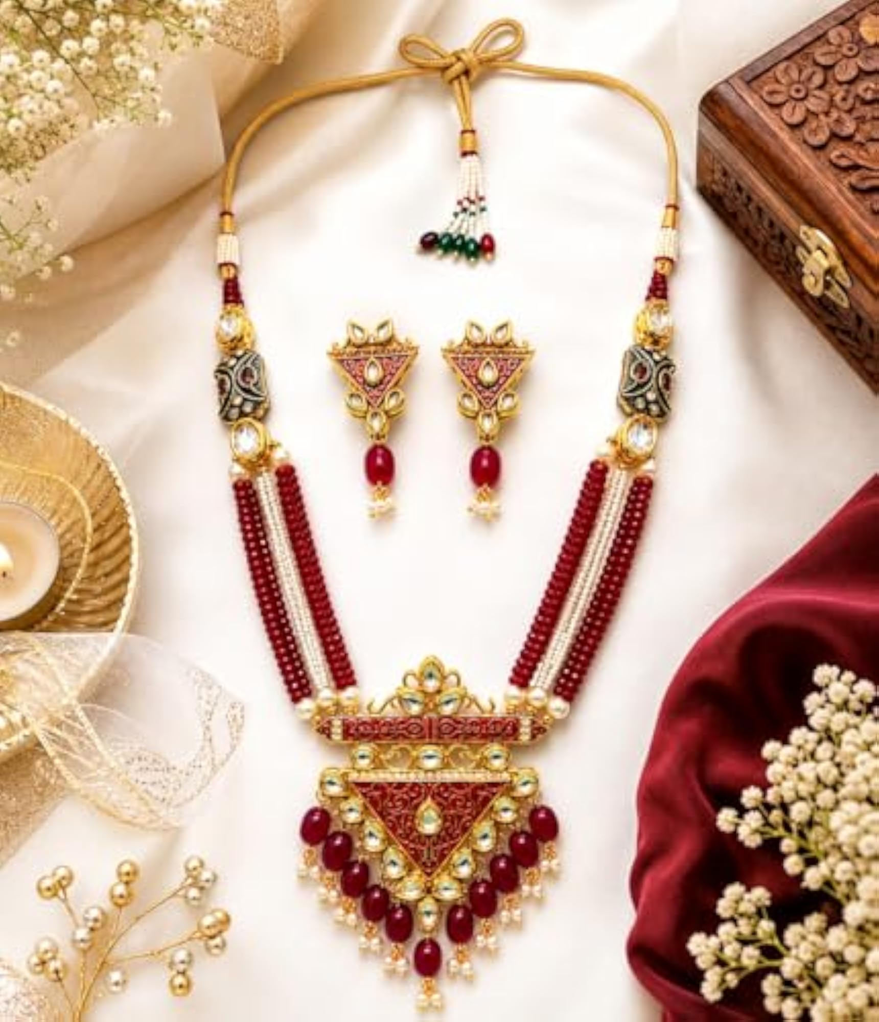 Ruby Red Kundan Meenakari Long Necklace Set with Matching Earrings