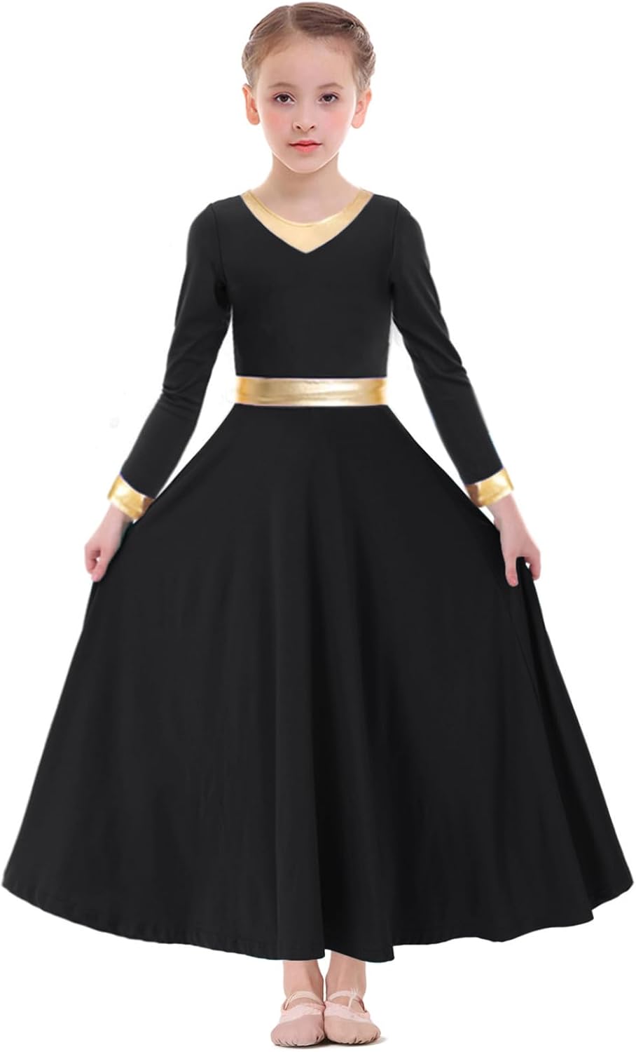 Z&X Girls Praise Dance Outfits Metallic Gold Liturgical Worship Church Robe Full Length Swing Skirt Costume