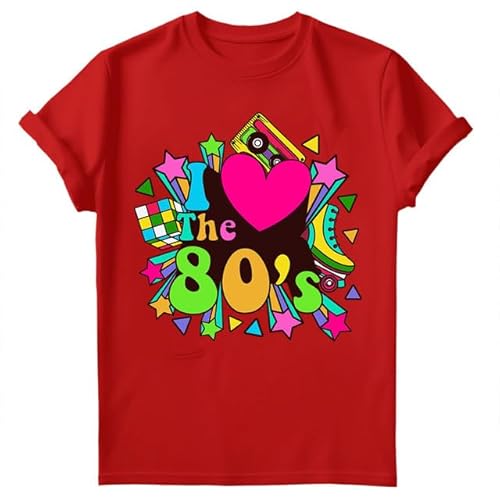 D&T Retro 1980s T-Shirt | Vintage Graphic Tee with Puzzle Cube and Audio Tape | Ideal for Men Women Teens | Comfortable Fabric Red L