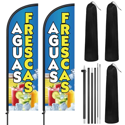 Image of Remagr 2 Pack Aguas Frescas Feather Flag 7 ft Advertising Swooper Flag Sign Windless Aguas Frescas Banner with Pole Kit and Ground Stake for Businesses Restaurants Outside Ground