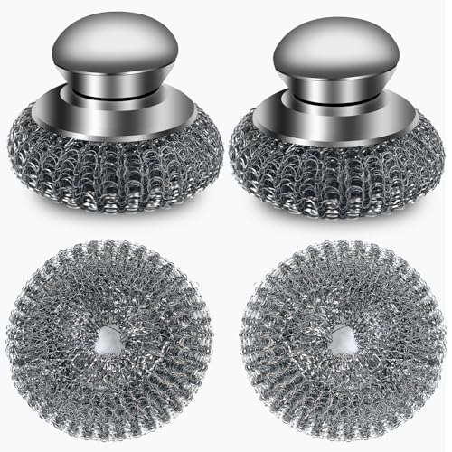 Image of 4Pcs Steel Wool Scrubber with Replacement Wire Pads Set, Stainless Steel Pot Scrubber with Handle for Cleaning Dishes,Cast Iron, Pots,Pans,Griddles,Grills, Stoves, Sink (2 Scrubber+2 Pads)