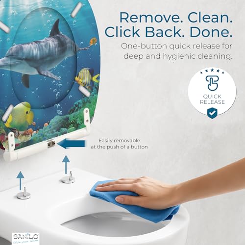 Image of Sanilo Wooden Toilet Seat with Quick Release & Soft Close [ROUND] - Decorative & Slow Close Molded Wood Seat - With One Click for Easy Installation & Cleaning - With Adjustable Fit (Dolphin)