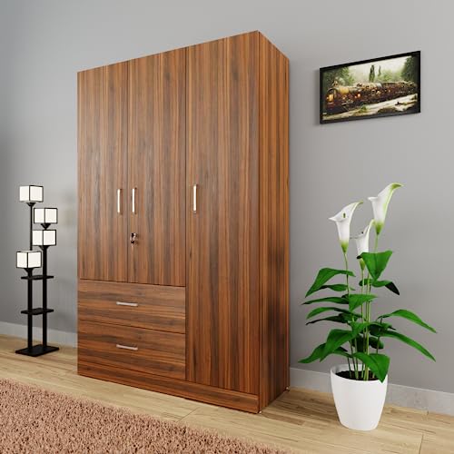 Image of VIKI Wardrobe | Wooden Almirah for Clothes,Door for Bedroom, 3 Door Wardrobe with Drawer & Hanging Space (Brussel Walnut - 40D x 120W x 180H) | 1 Year Warranty | Free Assembly