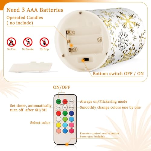 Image of Christmas Lights Decorations Flameless Candles Golden Snowflake White Pillar Candles Set of 2 Battery Operated Remote Control Warm Lights