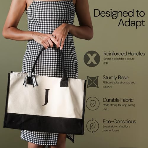 Image of Salt Earth Canvas Tote Bag for Women, Personalized Initial Monogram Tote, Beach Grocery Utility Tote for Travel & Work