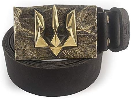KLAMRALeather belt with brass buckle Ice and Fire, Handmade art Ukrainian trident low poly geometric solid brass belt buckle on leather belt