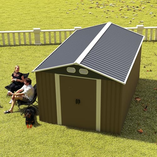 Image of KEIKI 8x12 FT Heavy-Duty Outdoor Storage Shed, Metal Shed with Reinforced Frame, Lockable Doors & Air Vents, Weatherproof Garden Tool Shed for Backyard, Brown
