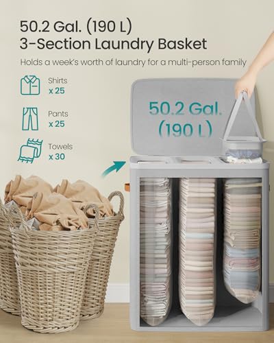 Image of SONGMICS Laundry Basket, 50.2 Gal. Laundry Hamper, 3 Compartments, Easy Assembly, with Lid and Handles, Removable Liners, 25.2 x 15.7 x 29.5 Inches, Dove Gray ULCB814GD01