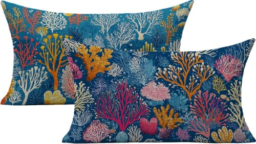 Housse de coussin extérieur imperméable en lin bleu double face premium.