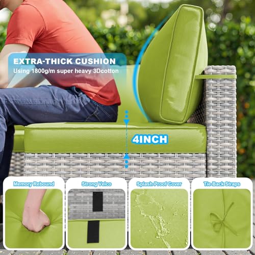 Image of 7-Piece Patio Furniture Set, Outdoor Sectional with Thick Cushions, Modular Patio Sofa, Dual-Strand Wicker Rattan, Rust-Resistant Frame, Backyard Furniture for Garden, Deck, Grass Green