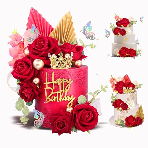24CS Boho Cake Topper Flower Red Cake Toppers Flower Palm Leaves Faux Flowers Butterfly Balls Eucalyptus Butterfly Wedding Cake Topper Decorations Baby Shower Wedding Birthday Holiday Party Supplies