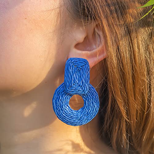 Statement Raffia Earrings Cute Boho Earrings Rattan Dangle Earrings Handmade Straw Wrap Earrings Summer Drop Dangling Earrings For Women Teen Girls(Royal Blue) #TOP5