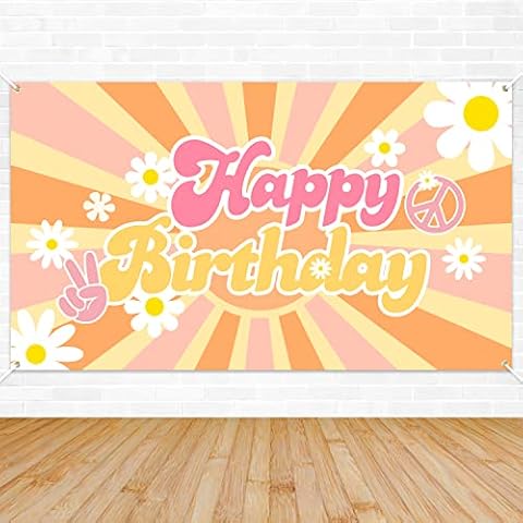 A1diee Groovy Happy Birthday Backdrop Banner Retro Hippie Boho Girl Birthday Party Decorations Party Supplies Daisy Flower XtraLarge Photography Background for Baby Shower Photo Prop Wall Decor Multi Cover