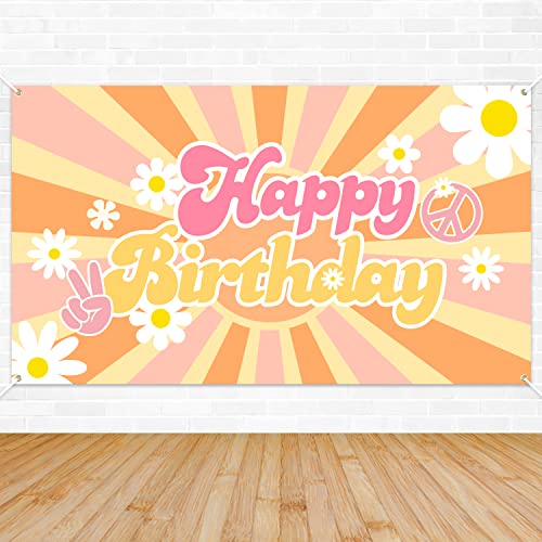 A1DIEE Groovy Happy Birthday Hintergrund Banner Retro Hippie Boho Mädchen Geburtstag Party Dekorationen Partyzubehör Gänseblümchen Geburtstag Fotografie Hintergrund für Party Foto Prop Wanddekoration Cover