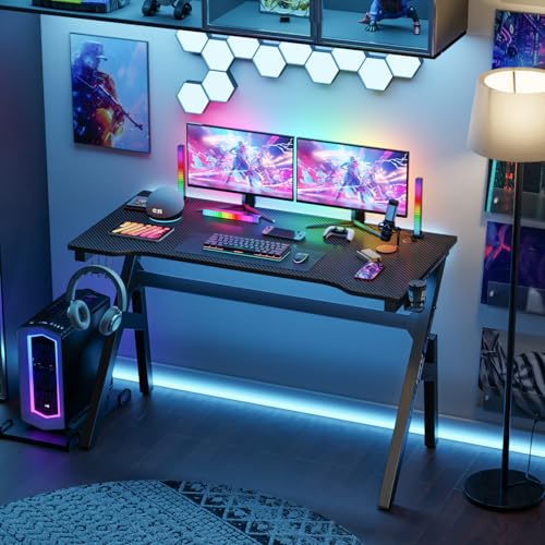 Image of BestOffice | 47 inch Gaming Desk | Black & Blue | Carbon Fiber Textured Computer Desk | Sturdy Steel Frame,Cup Holder, Headphone Hook, Cable Management Holes, Adjustable Leg Pads | for Gamers,Home,Office