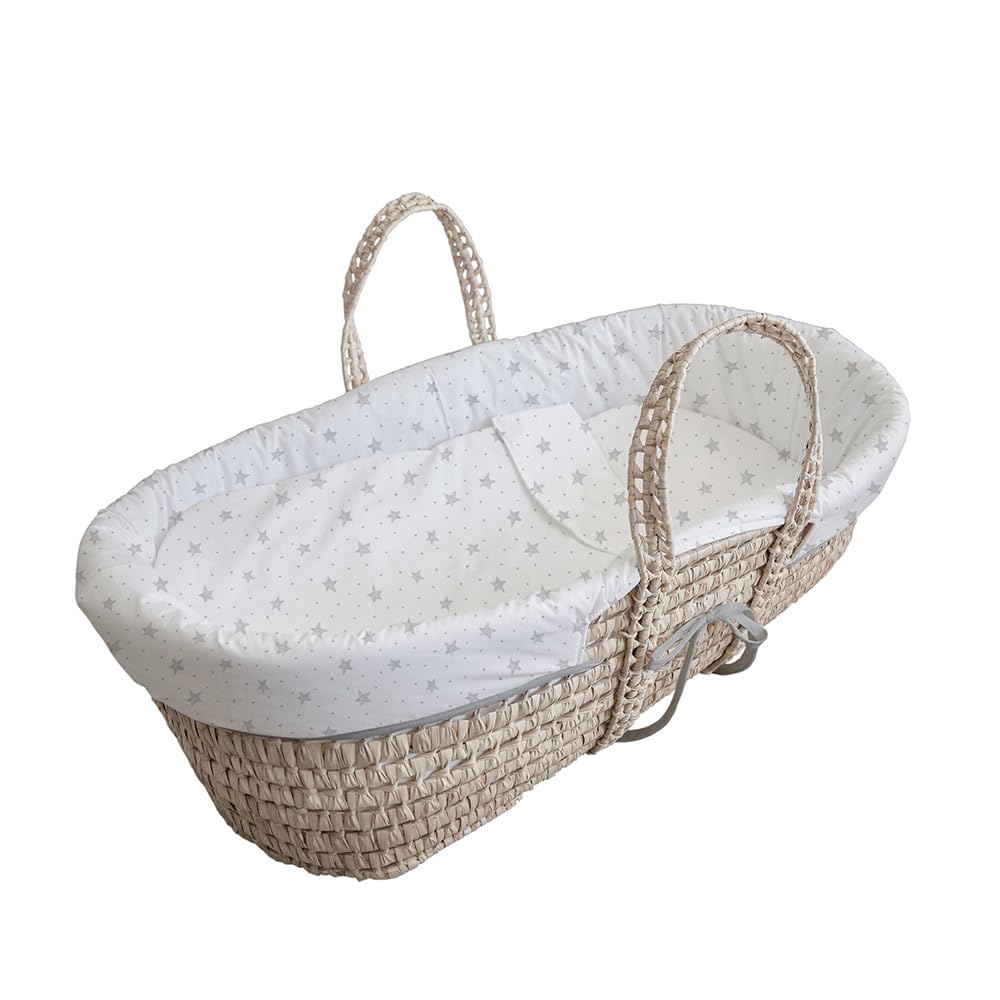 Tanuki Moisés de Mimbre Natural para Bebé con Base de Madera - Hecho a Mano - Colchón Incluido - Estilo nórdico - Stars Dots Blanco