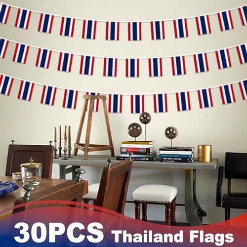 Image of Thailand String Flag Pennant Banner, Small Mini Thai Flags Bunting Banner, National Country Decoration for School, Party, Sports Events, Patriotic Festival, 33 Feet 30 Flags