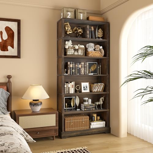 TVU 6-Tier Wooden Book Shelf, Floor-Standing Display Bookcase, 77.2" H x 31.5" W x 11" D Bookshelf, Farmhouse Style Book Case with Arched Base, Suitable for Living Room, Study, Office, Rustic Brown