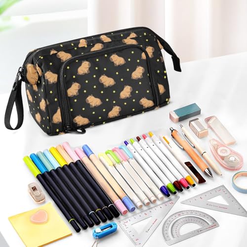 Image of Capybara Stars Black Pencil Case Pouch Big Capacity Pencil Bag Box Organizer Pen Case with Compartmens Stationery Organizer for Girls Boys Adults Women School Office