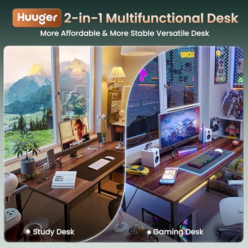 Image of Huuger Computer Desk, 54 Inch Office Desk, Gaming Desk with Storage, Writing Desk Work Desk for Home Office, Study, Modern Simple Desk, Large Legroom, Metal Frame, Walnut