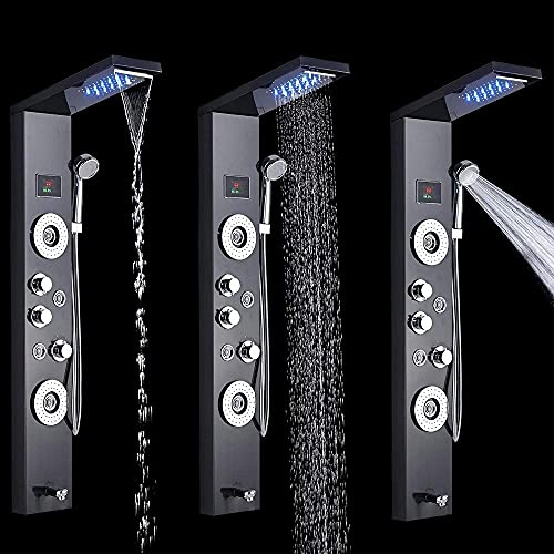 Panel de ducha LED con 5 funciones, pantalla digital de temperatura, cabezal de ducha lluvia y cascada, duchador de mano y boquillas de masaje corporal miniatura 6