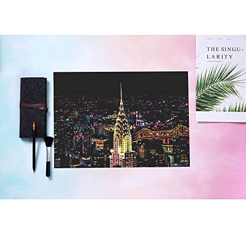 Scratch Paper Rainbow Painting Sketch Pads DIY Art Craft Night View Scratchboard for Adults and Kids - Scratch Painting Creative Gift - with 3 tools - Scraper, Pen, Clean Brush - 16” x 11.2”(New York)