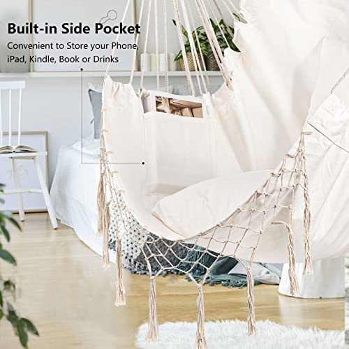 Jelofly Hammock Chair Large Hanging Rope Swing Seat Chair With Pocket Max 350 Lbs Superior Comfortable For Indoor Outdoor Home Bedroom Garden, Seat Cushions Not Included (Beige) #TOP1