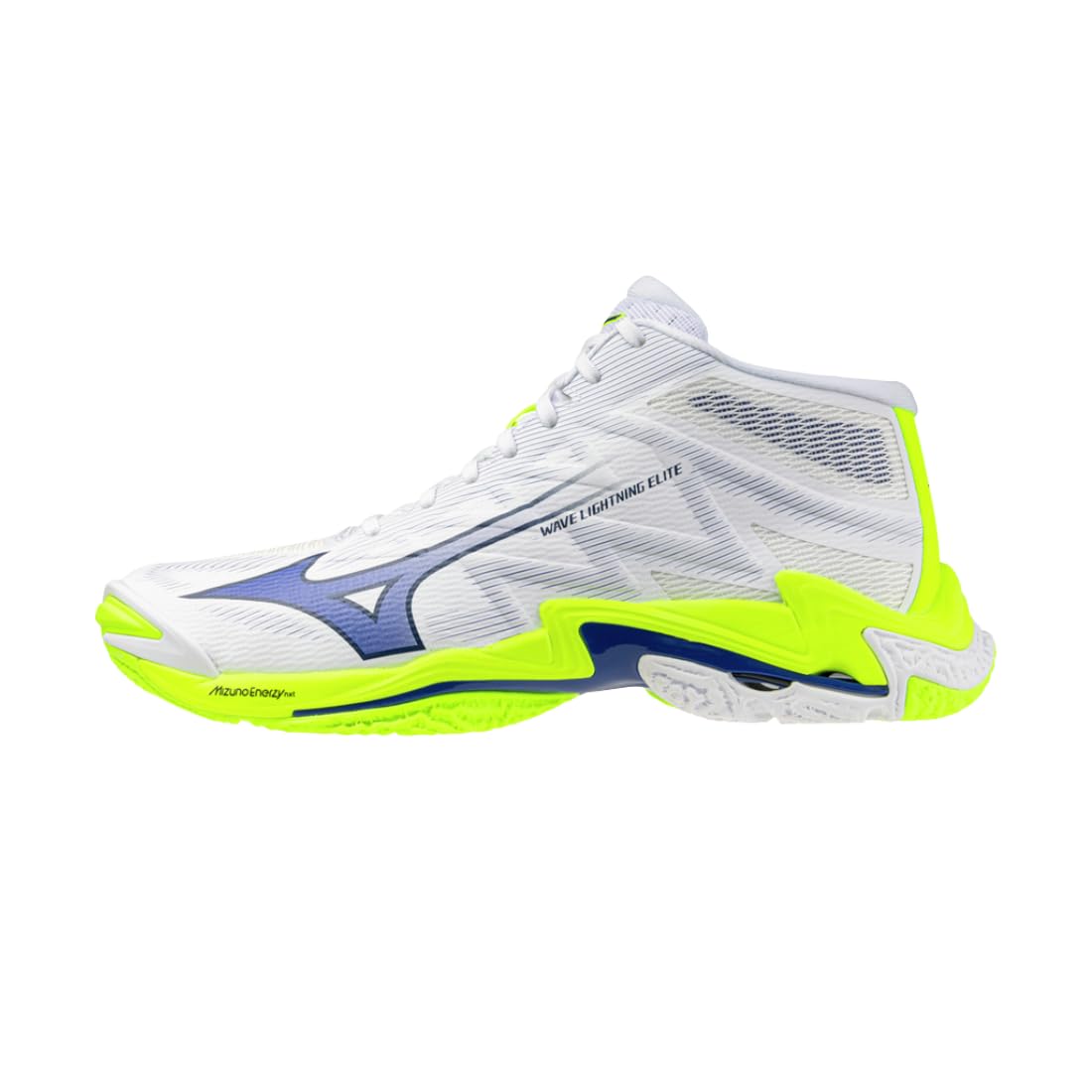 Mizuno Wave Lightning Elite Mid - Zapatillas de voleibol, color blanco, azul, amarillo fluorescente,