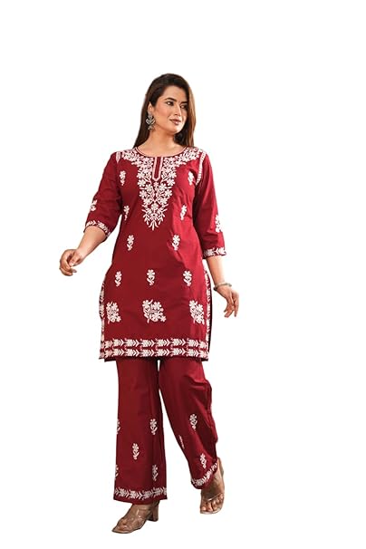 TQC Women’s Pure Cotton Chikankari Embroidered Kurta Palazzo Set with Floral Design – Ethnic Wear for Girls & Women