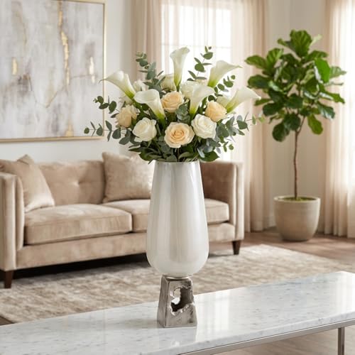 Sagebrook Home Glass Vase with Metallic Base - Modern Decorative Centerpiece for Flowers - Elegant Finish for Home, Office, Living Room, or Entryway Table Decor - 19" White by Sagebrook Home - Image 3