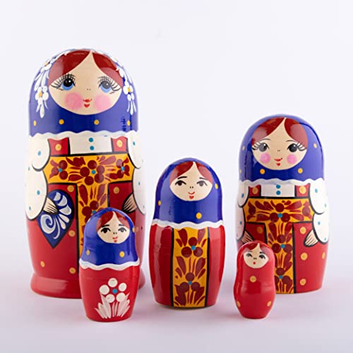 Heka Naturals Red Sarafan Nesting Dolls | All Natural Wooden Matryoshka Doll Set Of 5 (7 Inch) - Traditional Babushka Home Decor, Wooden Stacking Dolls, Vintage Handmade Shape #TOP4