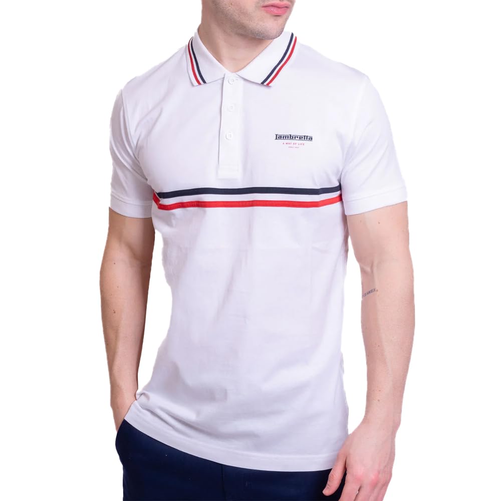Lambretta Mens Classic Stripe Short Sleeve Retro Polo Shirt - White - XL