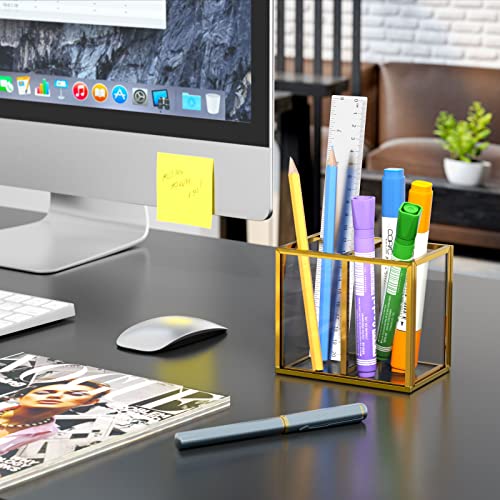 Image of NIUBEE Gold Acrylic Pen Holder for Desk, Clear Pencil Cup Organizer Makeup Brush Holder, Acrylic Desk Organizers and Accessories for Desktop Office - 2 Compartments