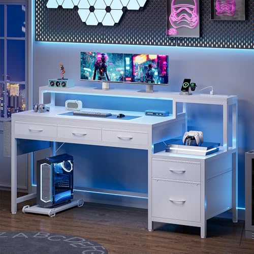 Image of REAHOME 61 Inch Gaming Desk with Charging Station and LED Lights, Reversible Computer Desk with Storage Drawer and Monitor Stand, Modern Desk Table with File Cabinet & Side Pocket, Carbon Fiber White