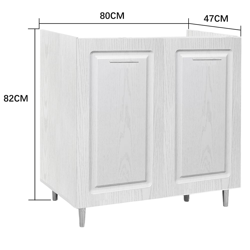 Shally Dogan Mobile Sottolavello Base per Cucina con Due Ante Design Boiserie, Mobiletto Componibile con Struttura in Legno Robusta, Mobile Sotto Lavello, 80 x 50 x 85H cm (Bianco Frassinato)
