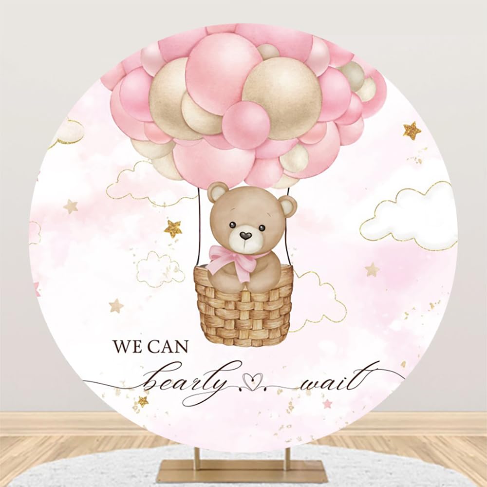 Photo 1 of Pnylzzyxh We Can Bearly Wait Round Backdrop Cover Girls Baby Shower Party Decorations Pink Bear Hot Air Balloons Banner Circle Backdrop Cover Dessert Table Supplies Photo Studio Props 7.2ft