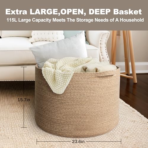Image of MEGASKET 115L Wicker Storage Basket, 23.6 inchx15.7 inch Woven Cotton Rope Basket, Giant Kids Dog Toy Bin Organizer, XXXL Blanket Pillow Holder for Living Room, Brown Variegated Wicker Baskets for Organizing