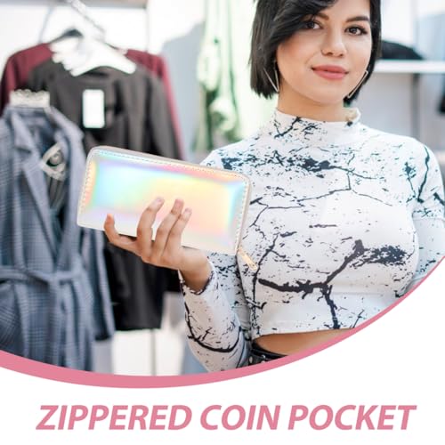 Sparkly Evening Purses for Women, Silver Cluth Purse, PU Leather Long Holographic Wallet with Zipper Coin Pocket and Card Holder, Slim Envelope Cluth Bag for Parties, Daily Use2