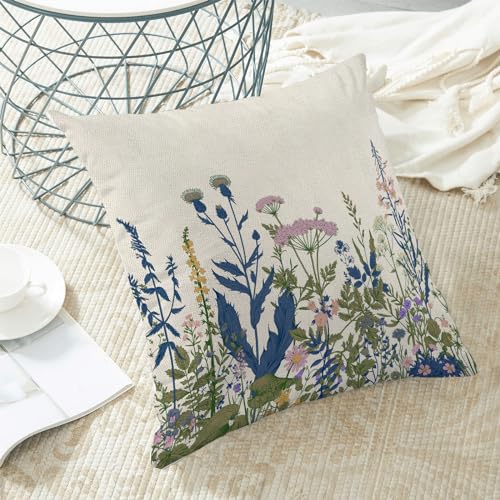 Image of AEIOAE Navy Blue Teal Pillow Covers 22x22 Inch Set of 2, Spring Wildflower Plant Throw Pillows Case,Seasonal Floral Outdoor Decorative Flowers Farmhouse Decor Cushion Covers for Home Sofa Bed Couch