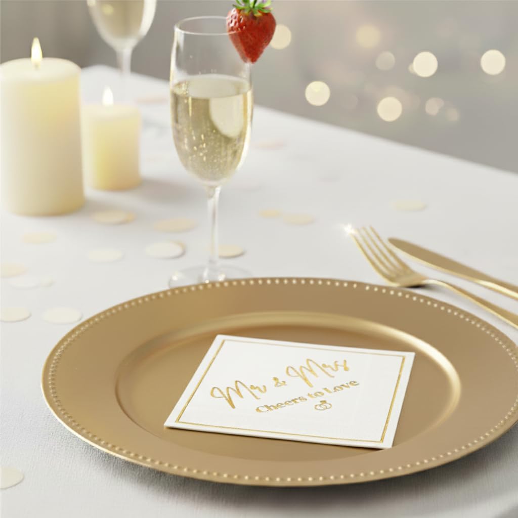 Mr and Mrs Wedding Napkins, Elegant Gold Foil White Paper Cocktail Napkin, Disposable Decorations for Weddings, Receptions, Bridal Showers, Bar, 50 Pack