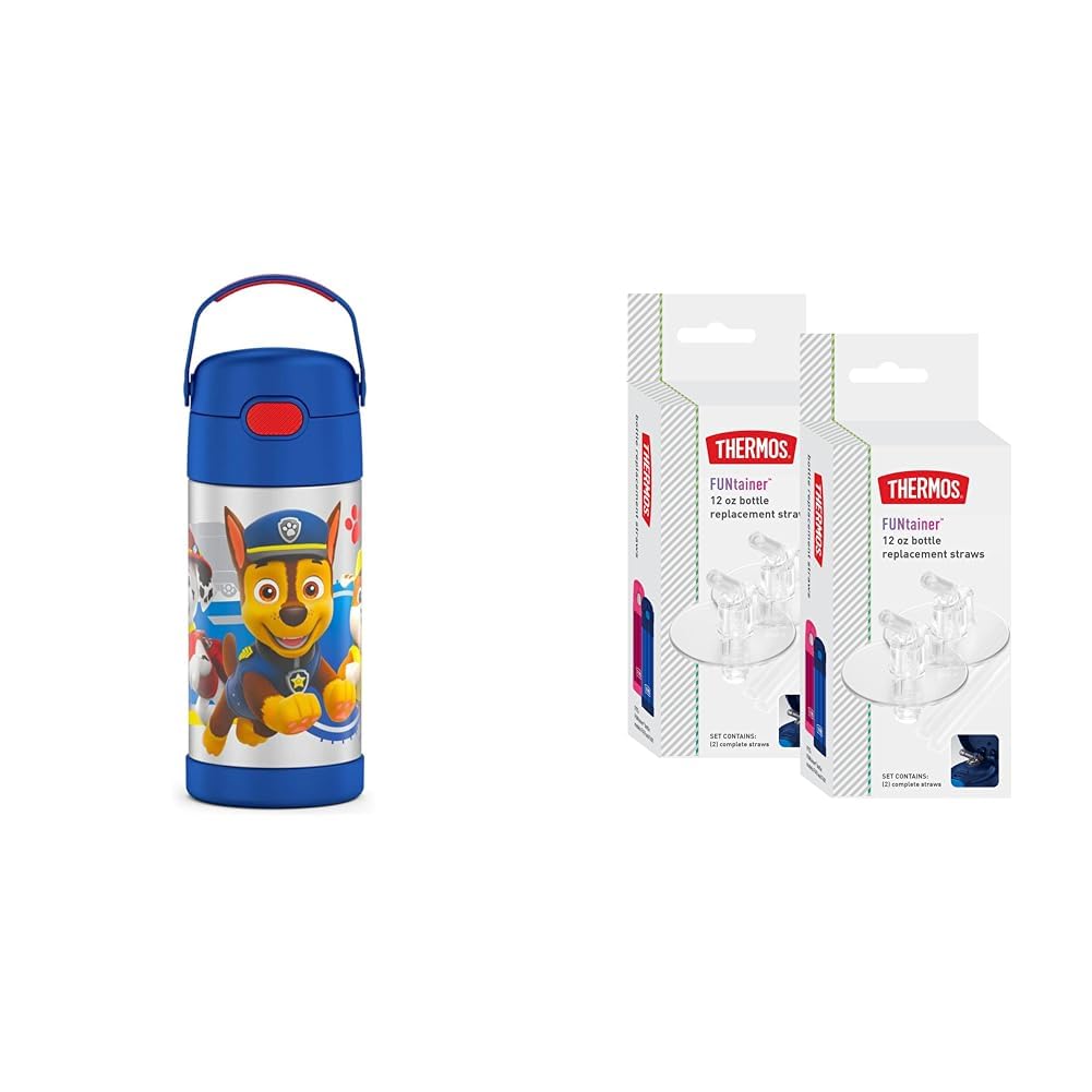 THERMOS FUNTAINER 12 Ounce Stainless Steel Vacuum Insulated Kids Straw Bottle Blue Paw Patrol FUNtainer 12 Ounce Insulated