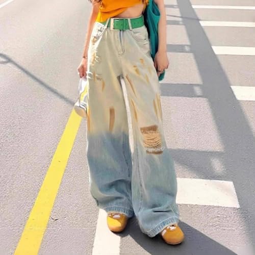 Retro Gradient Color Old, Dirty Ripped Wide Leg Jeans Street Style Women Loose high Waisted Straight Leg Pants2