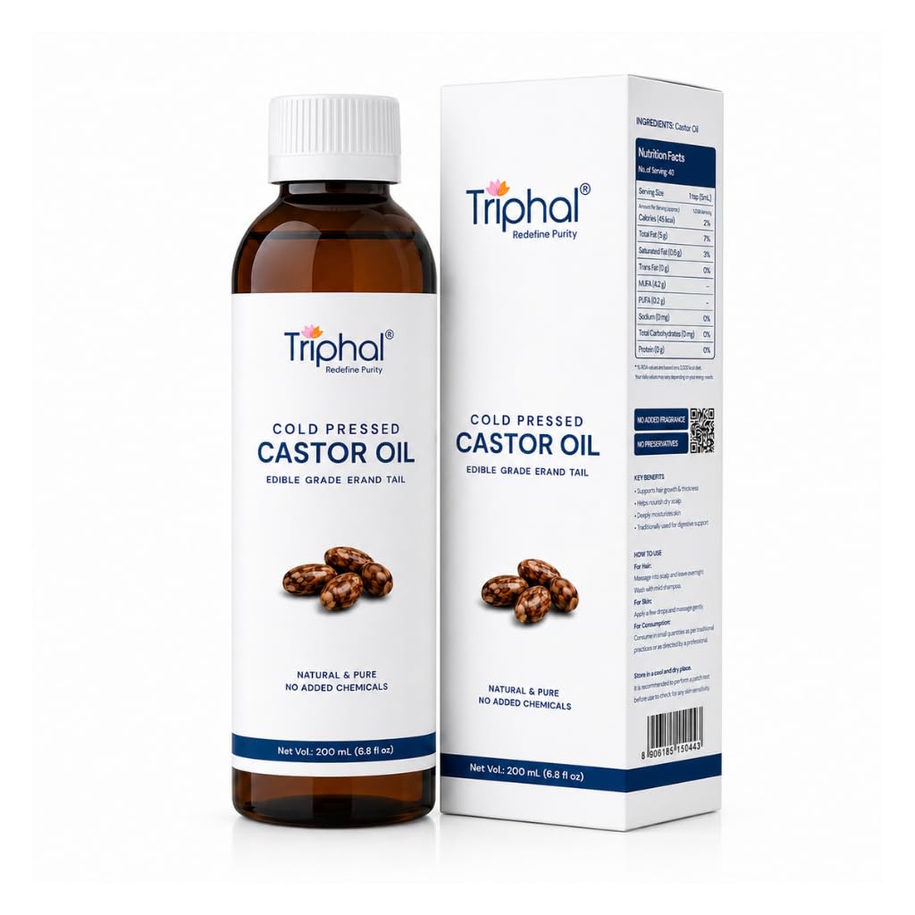 TRIPHAL Cold Pressed Castor Oil 200ml - Edible Grade Pure Arandi/Erand Tel | Hexane and Paraben Free | For Hair Growth, Eyebrows, Eyelashes, Skin Care, Joint Pain and Constipation Relief-image-48