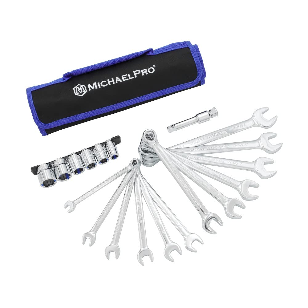 MichaelPro MP001211 18Pc Metric Wrench Set with Cushion Grip Sockets (8-19mm) | Extractor Wrenches for Rounded, Stripped Bolts & Nuts