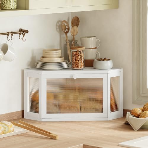 Image of WOWLIVE Corner Bread Box for Kitchen Countertop, Bamboo Bread Storage Container, Large Farmhouse Bread Holder with Acrylic Wavy Door Panel, Multi-functional Container, White