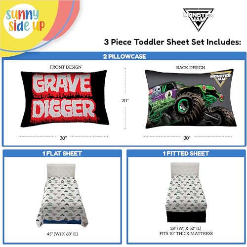 Image of Sunny Side Up Monster Jam Grave Digger Toddler Sheet Set - 3 Piece Toddler Bedding Set Includes Pillow Cover - Super Soft Microfiber Sheets